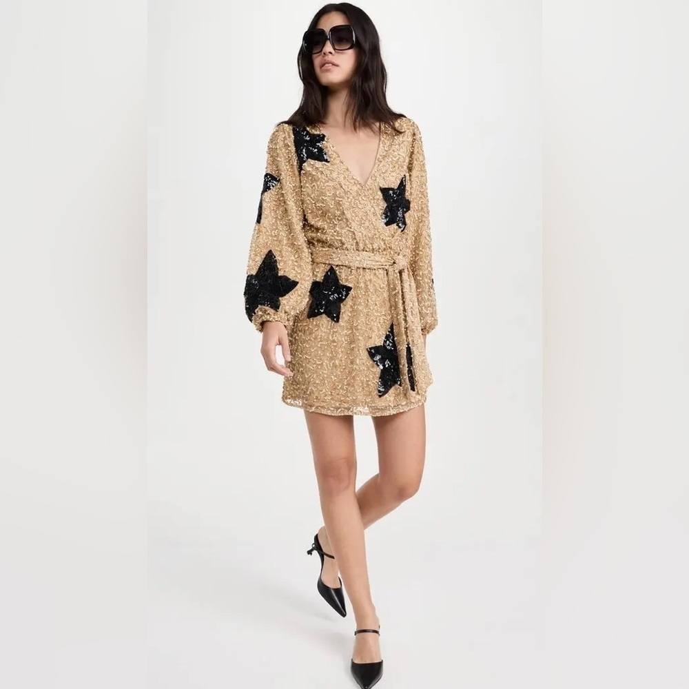 Show Me Your Mumu Gold Sequin Wear Me Out Mini Dress in Black Star Sequins NWT